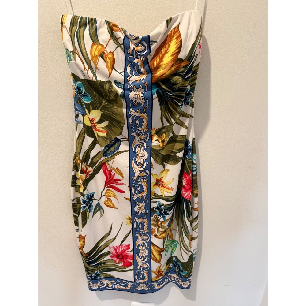 Vintage Cache Tropical Floral Baroque Strapless Bodycon Mini Dress Small